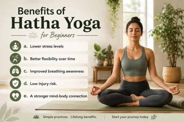 Infographic showing Hatha Yoga benefits for beginners, including lower stress, flexibility, breathing, and mindfulness.
