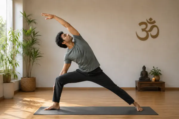 Hatha Yoga practitioner performing a side stretch in a peaceful indoor yoga studio with plants and natural sunlight.