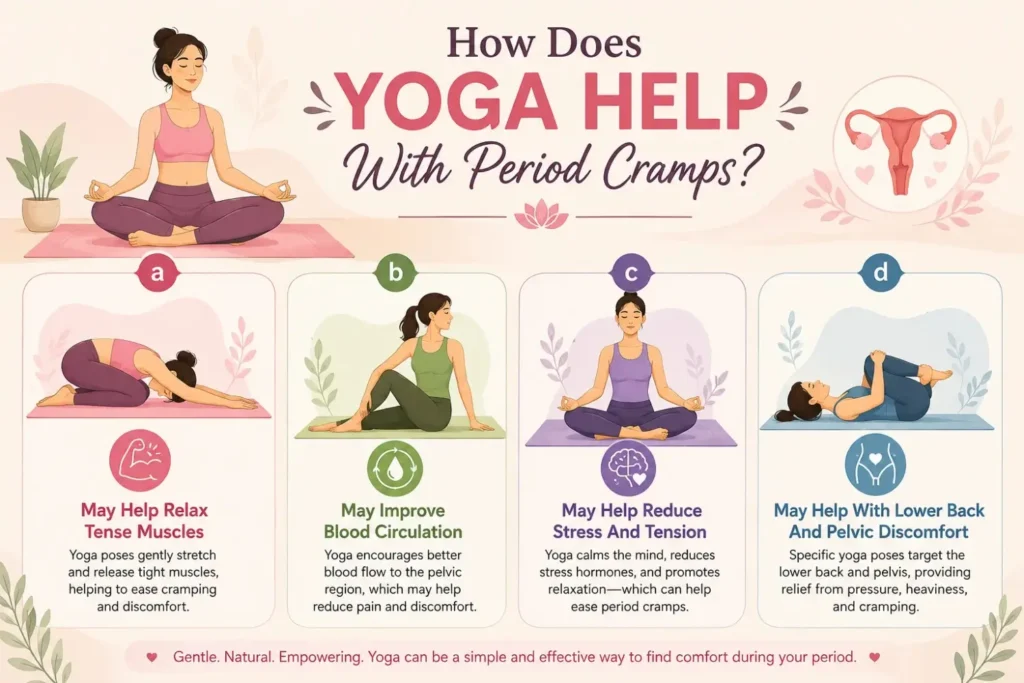 Infographic showing how yoga may help relieve period cramps by relaxing tense muscles, improving blood circulation, reducing stress and tension, and easing lower back and pelvic discomfort.