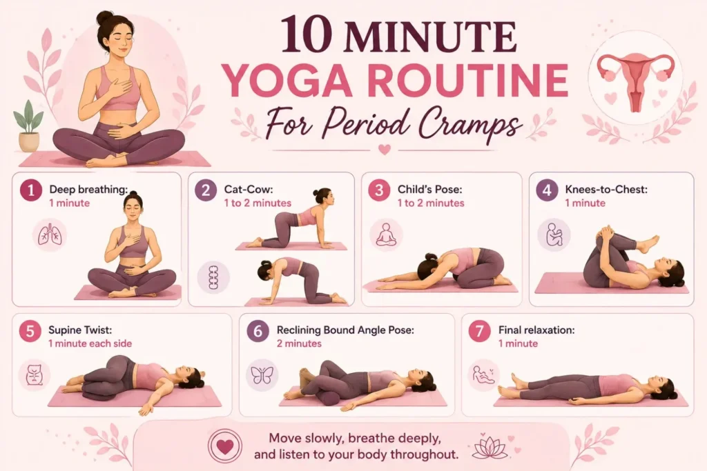 Infographic featuring a 10-minute yoga routine for period cramps, including deep breathing, Cat-Cow, Child’s Pose, Knees-to-Chest, Supine Twist, Reclining Bound Angle Pose, and final relaxation.