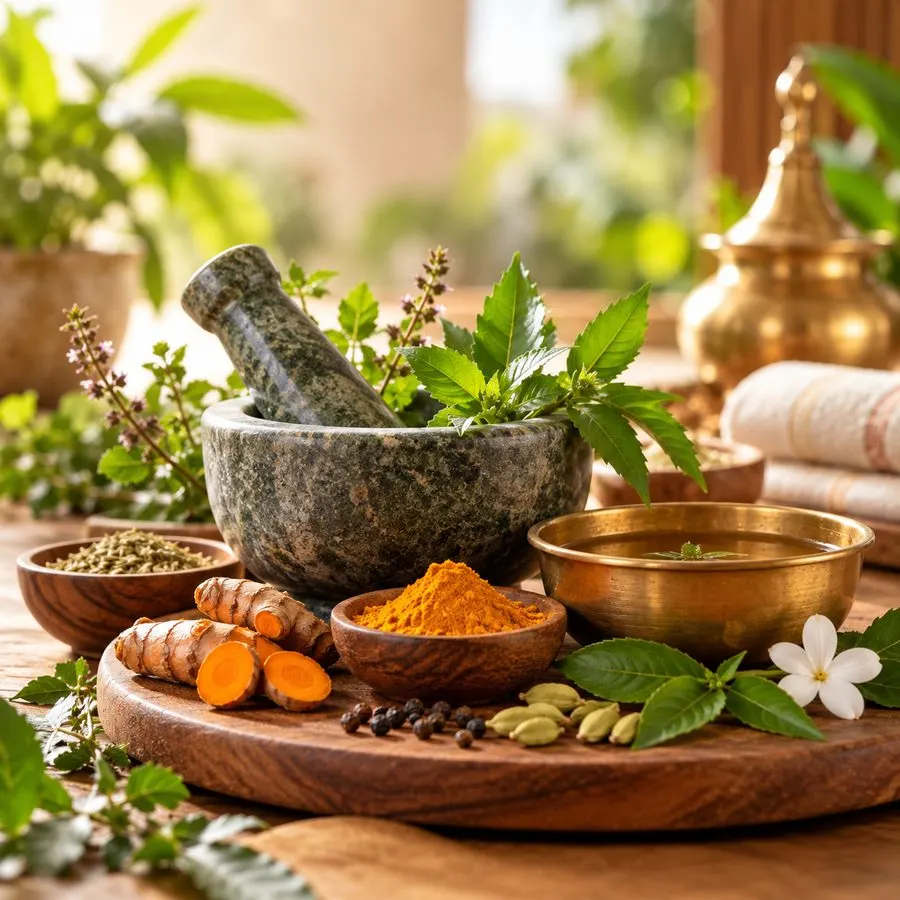 Mortar and pestle with turmeric, tulsi, neem and spices for Ayurveda wellness