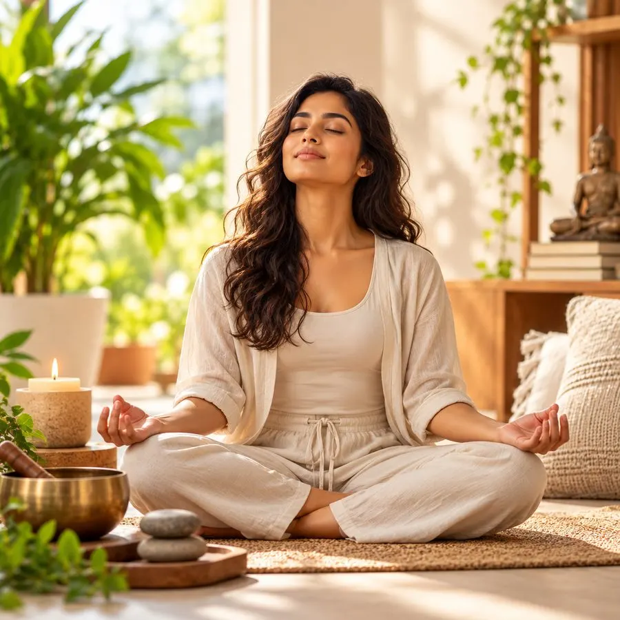 Woman meditating with eyes closed beside a candle and singing bowl
