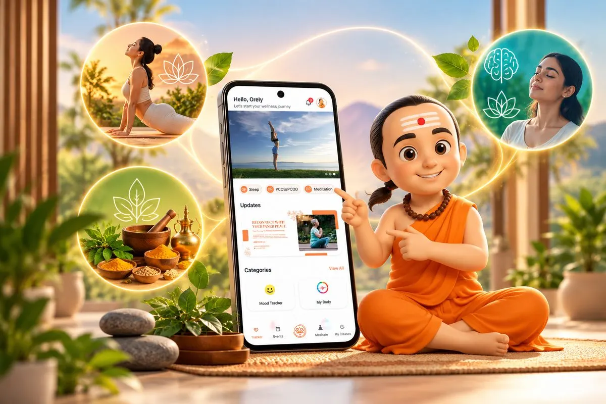 Samsara mascot beside the Samsara Wellness App showing yoga, Ayurveda and mental wellbeing