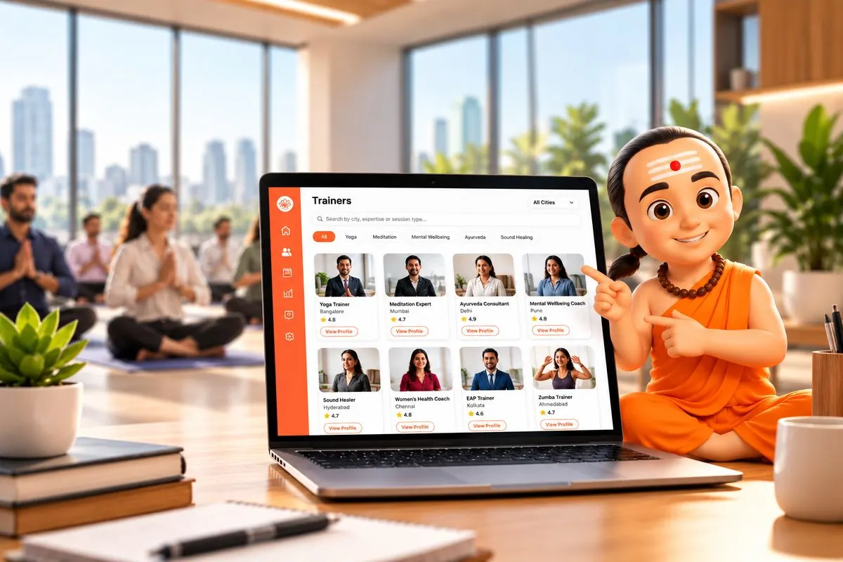 Samsara mascot beside the Samsara Wellness 365 corporate trainer marketplace on a laptop